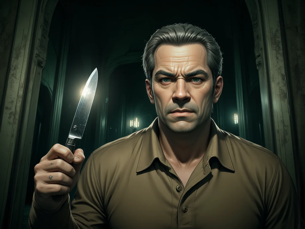 Gothic:

(cinematic realism:1.3), a tense and dramatic scene featuring an older male character with graying hair, wearing a muted brown shirt, reimagined in a gothic style. The character has a menacing expression, with furrowed brows, narrow eyes, and a sinister smirk. He is holding a shiny, reflective kitchen knife in his right hand, prominently positioned in the foreground, with the blade reflecting eerie candlelight. The setting is a dark, confined indoor space, filled with gothic architectural details like arches and decaying stone walls in green and gray tones, creating a macabre atmosphere. Low-key lighting with deep shadows emphasizes the hollow cheekbones and wrinkles on the character’s face, adding a haunting and otherworldly feel. The background includes faint, ghostly shapes and dramatic lighting effects, adding to the unsettling ambiance. Shot from a medium close-up angle with a slightly low perspective, highlighting the eerie and foreboding pose. | dramatic gothic lighting | eerie textures | unsettling and dark mood | muted and shadowy color palette | high-quality gothic artwork.