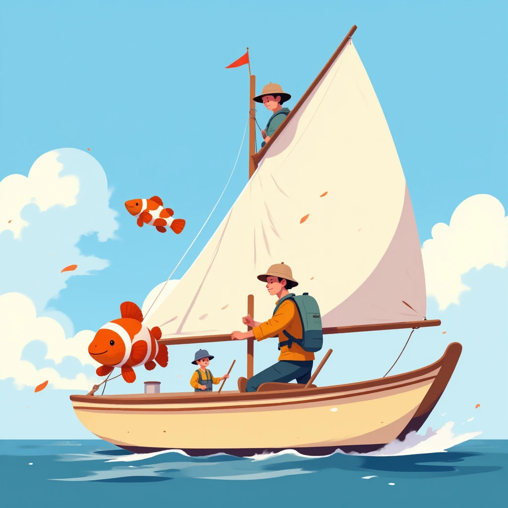 Flat detail of friendly and smiling clownfish ,  people and ren dressed in fishing clothes see the fish, The sailboat is cream-colored ,  with a red stripe on the top of the bow, Sunny day, calm sea, alta definición
