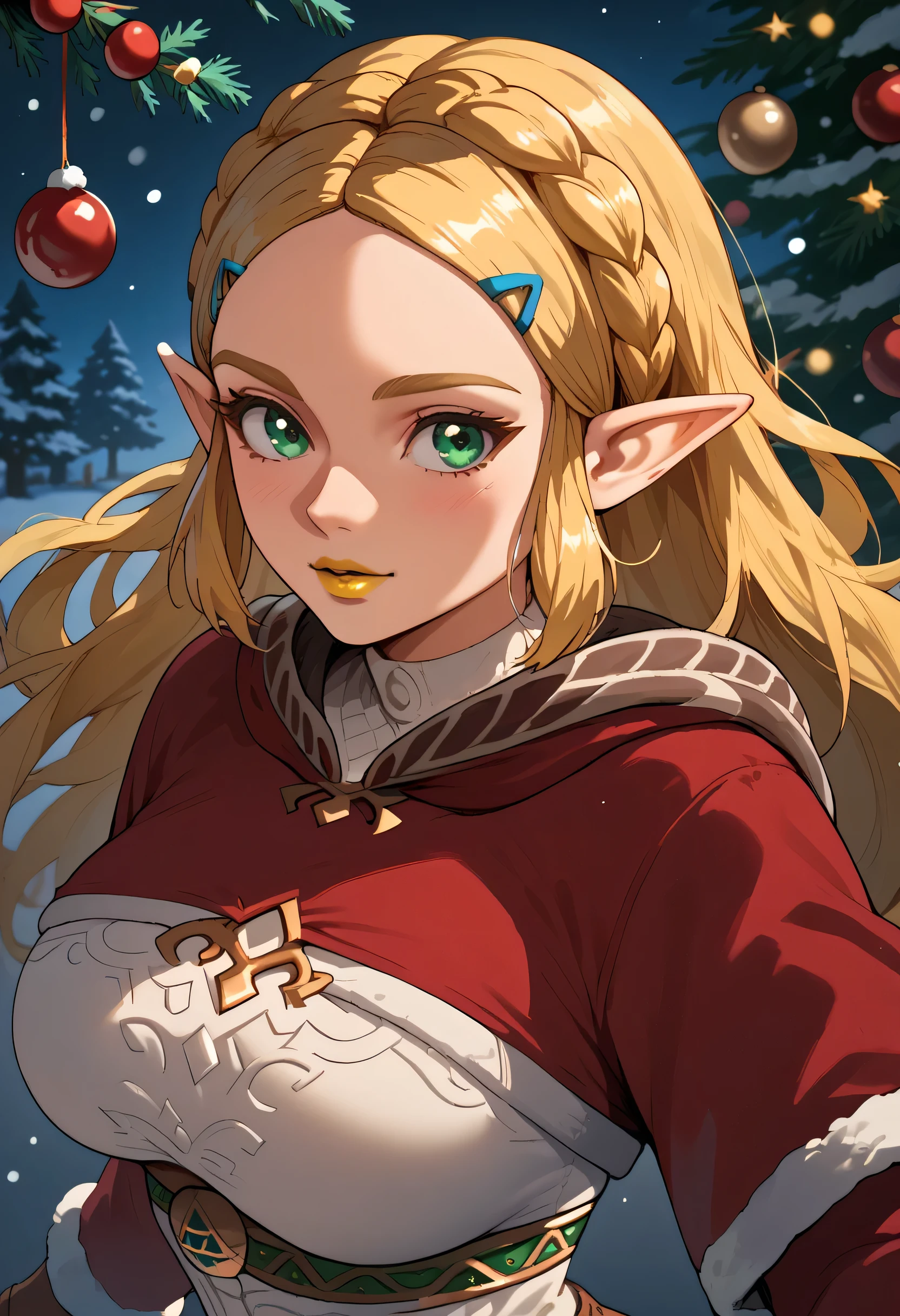 princess zelda, 1 girl, bangs, blonde, big breasts, green eyes, highres, jewelry, long hair, pointy ears, alone, Zelda, tree, upper body, christmas, christmas outfit, yellow lipstick, anime style