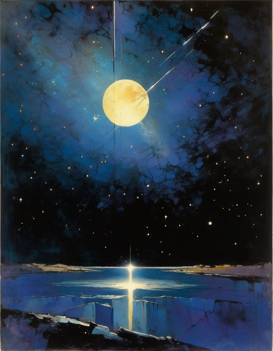 the moon has fallen on the earth opening a large crack, night, stars, (simple oil painting in a Bill Sienkiewicz style)
