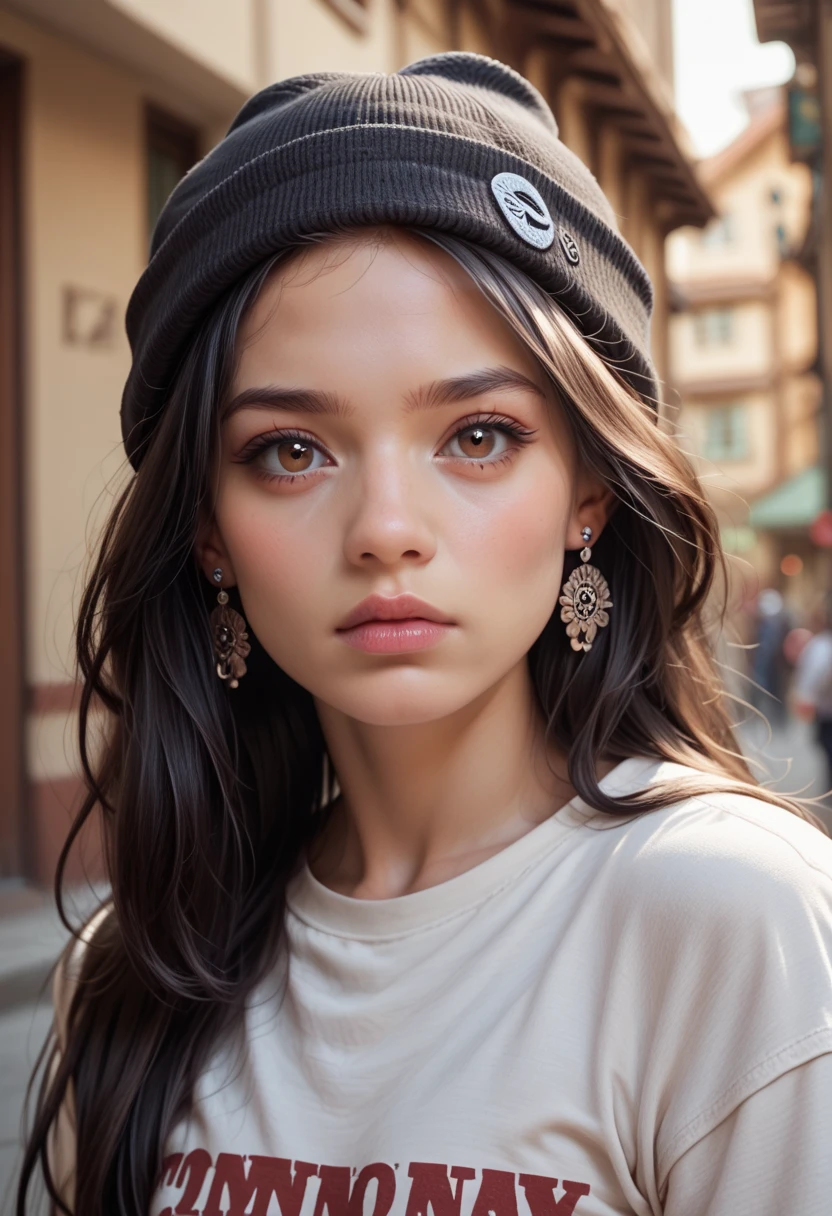 1girl, solo, long hair, black hair, written clothes, brown eyes, looking at the viewer, beanie, lips, upper body, closed mouth, shirt, earrings, https://i.postimg.cc/tCDfNDvp/Screenshot-20230606-212445.png