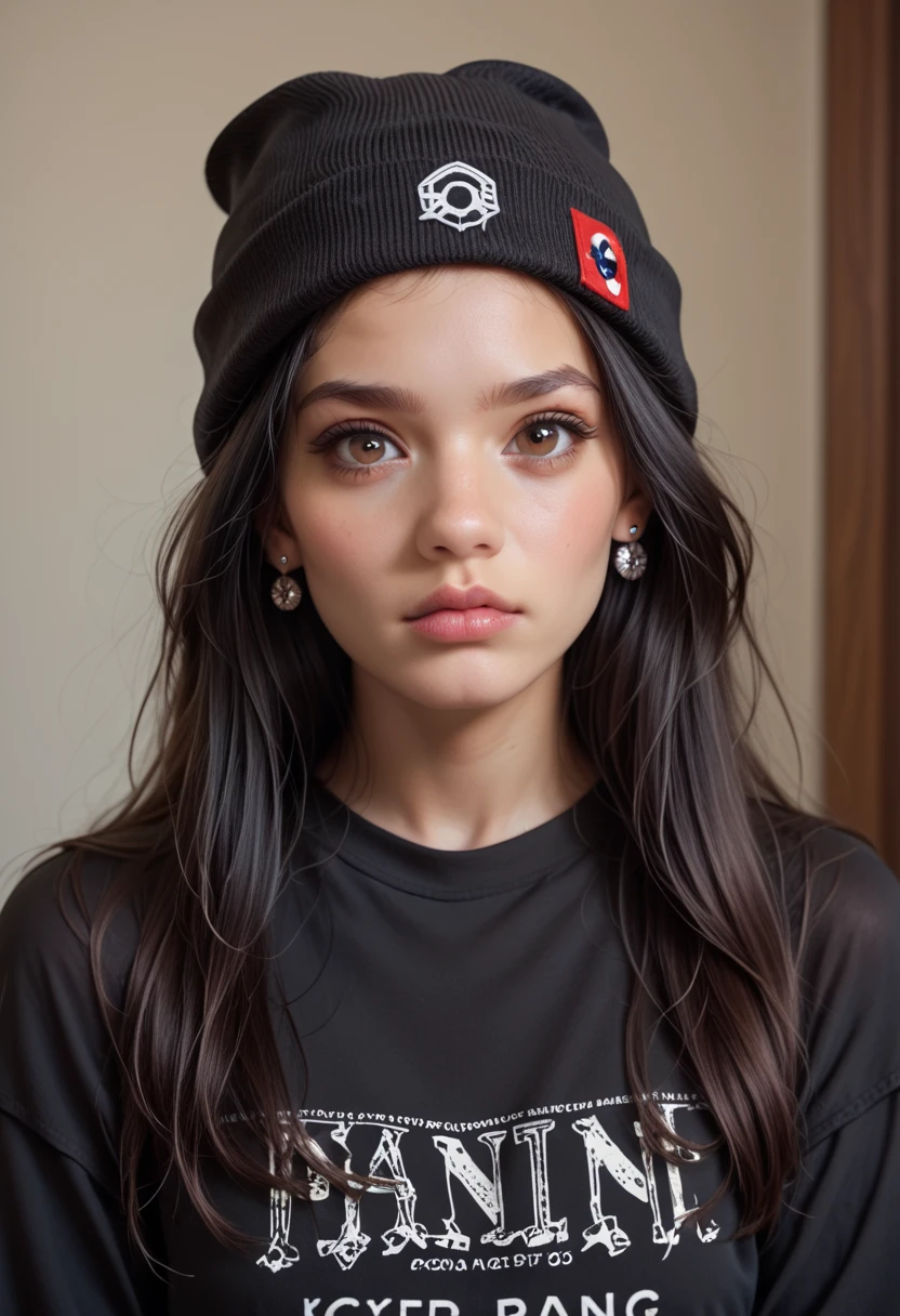 1girl, solo, long hair, black hair, written clothes, brown eyes, looking at the viewer, beanie, lips, upper body, closed mouth, shirt, earrings, https://i.postimg.cc/tCDfNDvp/Screenshot-20230606-212445.png