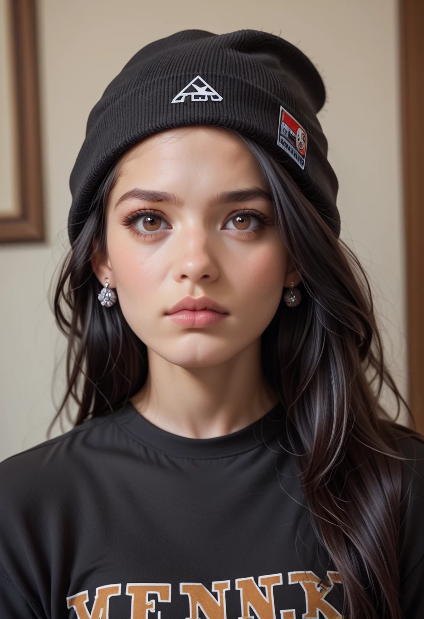 1girl, solo, long hair, black hair, written clothes, brown eyes, looking at the viewer, beanie, lips, upper body, closed mouth, shirt, earrings, https://i.postimg.cc/tCDfNDvp/Screenshot-20230606-212445.png