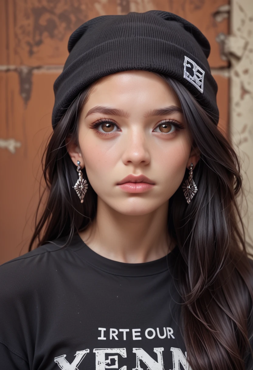 1girl, solo, long hair, black hair, written clothes, brown eyes, looking at the viewer, beanie, lips, upper body, closed mouth, shirt, earrings, https://i.postimg.cc/tCDfNDvp/Screenshot-20230606-212445.png