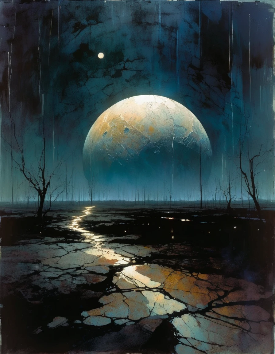 a giant full moon fallen on the earth, cracks in the ground, night sky with stars, simple oil painting in a Bill Sienkiewicz style, highly detailed, cinematic lighting, dramatic atmosphere, muted color palette, moody and atmospheric