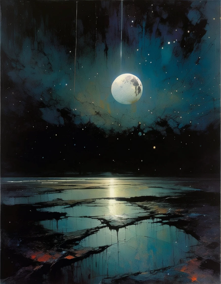 a large crack in the earth, the moon has fallen, night sky, stars, simple oil painting in a Bill Sienkiewicz style, dramatic lighting, moody atmosphere, cinematic composition, deep shadows, textured brushstrokes, muted color palette, dramatic chiaroscuro, atmospheric depth, cinematic framing, powerful visual impact, photorealistic, masterpiece, best quality, 8k, high detail