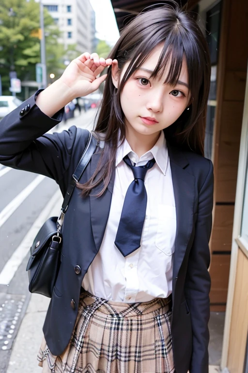One Woman、((Standing wearing a blazer and miniskirt school uniform))、Primary school students,((small breasts)),Highest quality、Very delicate and beautiful、((Very short bangs))、((Bangs))、Bright shiny black hair、Highest quality、Very delicate and beautiful、((Very short bangs))、((blunt bangs))、Bright shiny black hair、The hair is light、((long hair))、Cute face、Young face、Cute like an idol、Are thin、Slim figure、slender、Short、 body type、((The background is a Japanese townscape))、Thighs、Photographed from the front、The best smile、