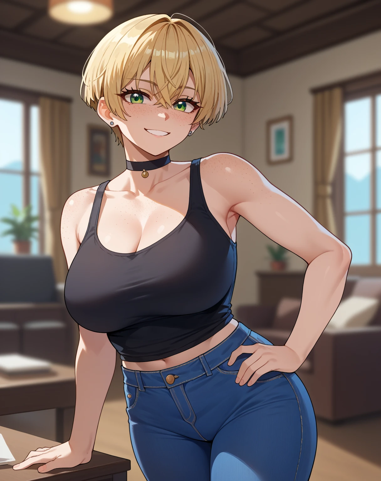 score_9, score_8_up, score_7_up, score_6_up, score_5_up, score_4_up, source_anime, nyantcha style, 1girl, green eyes, blonde hair, crossed bangs, short hair, pixie cut, freckles, big breasts, eyelashes, aegyo sal, hand on hip, stud earrings, black tank top, choker, denim pants, indoors, looking at viewer, light smile, blurry background, cowboy shot, highest quality, highres, masterpiece,
