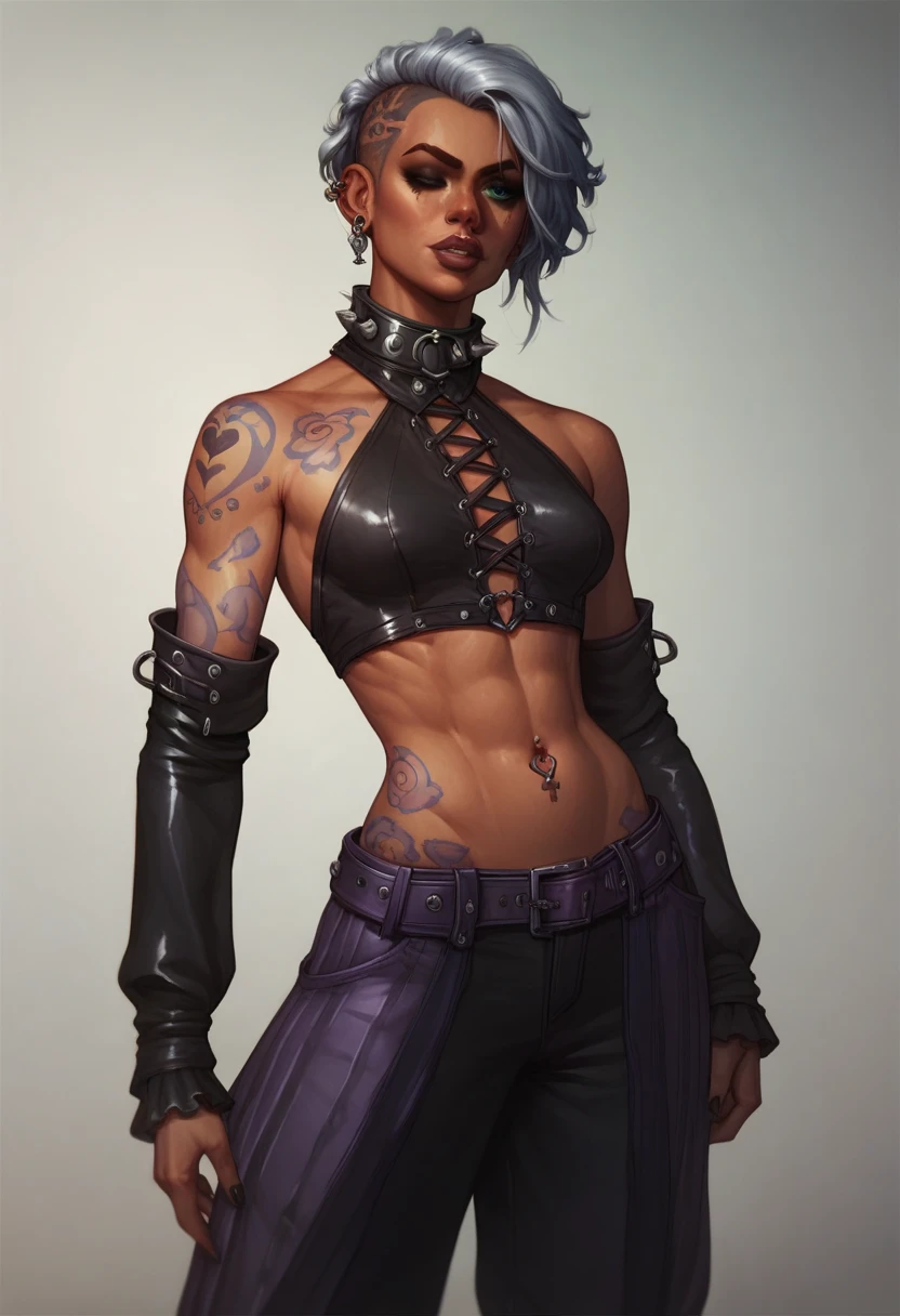 A character outfit from the series arcane gothic outfit , detailed, black clothes, dark skin, silver, purple items, tattoos, extravagant, huge baggy pants,  black, pirate, skinny