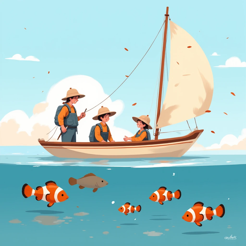 Flat detail of friendly and smiling clownfish ,  people and ren dressed in fishing clothes see the fish, The sailboat is cream-colored ,  with a red stripe on the top of the bow, Sunny day, calm sea, alta definición
