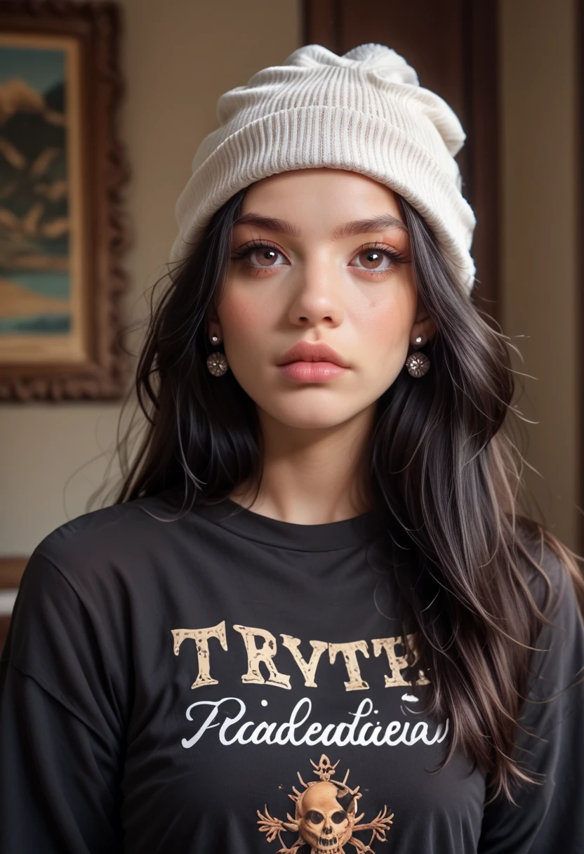 1girl, solo, long hair, black hair, written clothes, brown eyes, looking at the viewer, beanie, lips, upper body, closed mouth, shirt, earrings, https://i.postimg.cc/tCDfNDvp/Screenshot-20230606-212445.png