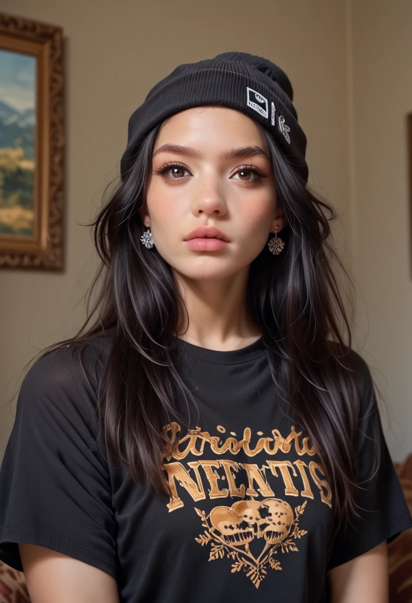 1girl, solo, long hair, black hair, written clothes, brown eyes, looking at the viewer, beanie, lips, upper body, closed mouth, shirt, earrings, https://i.postimg.cc/tCDfNDvp/Screenshot-20230606-212445.png