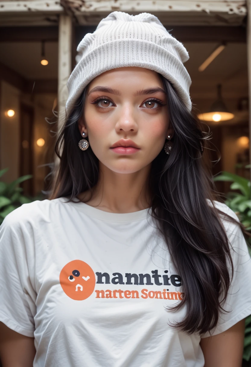 1girl, solo, long hair, black hair, written clothes, brown eyes, looking at the viewer, beanie, lips, upper body, closed mouth, shirt, earrings, https://i.postimg.cc/tCDfNDvp/Screenshot-20230606-212445.png