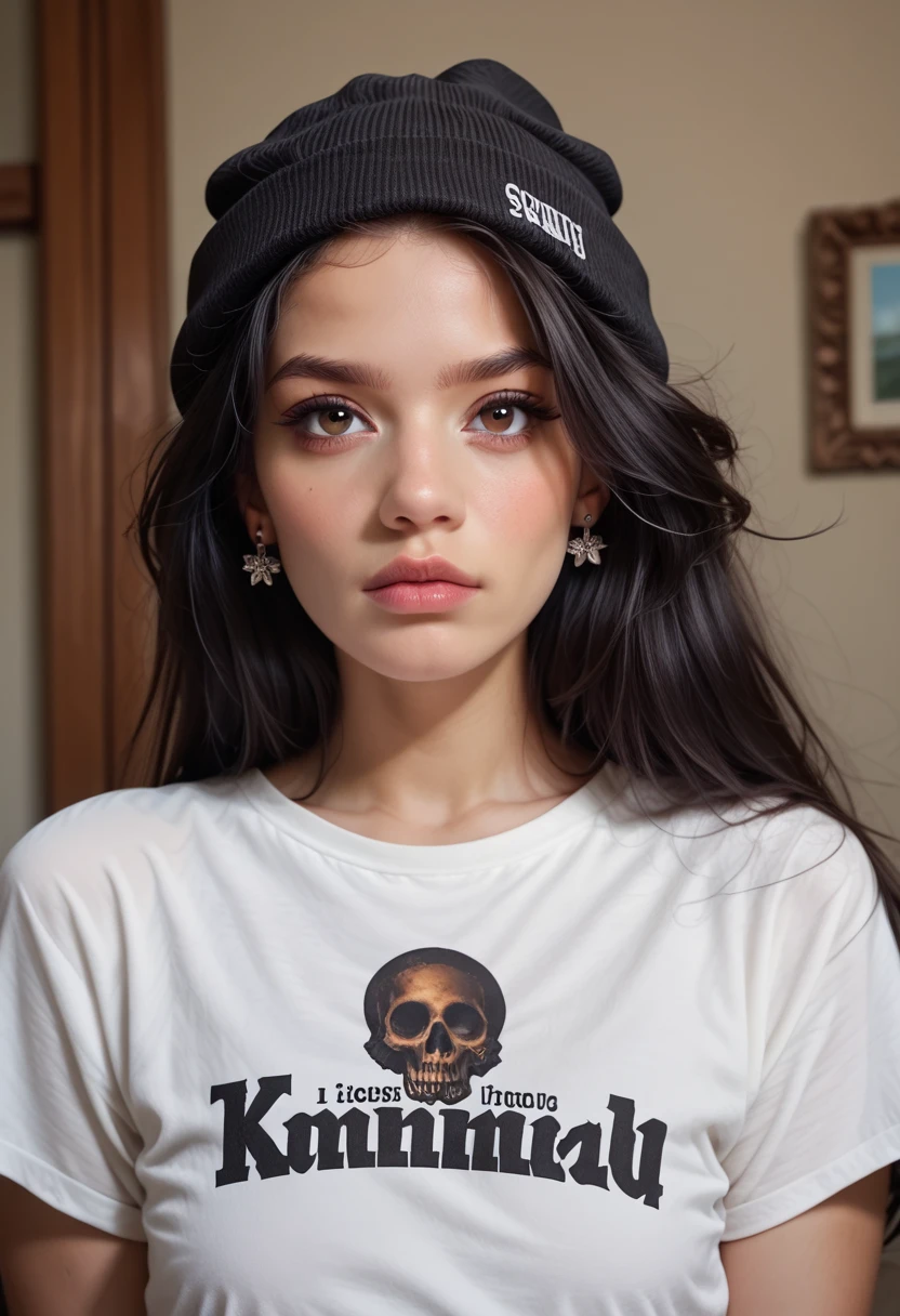 1girl, solo, long hair, black hair, written clothes, brown eyes, looking at the viewer, beanie, lips, upper body, closed mouth, shirt, earrings, https://i.postimg.cc/tCDfNDvp/Screenshot-20230606-212445.png