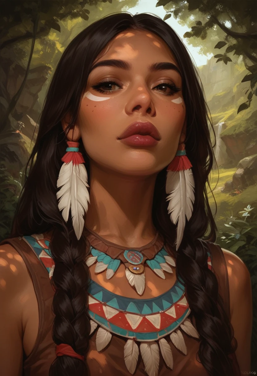 score_9, score_8_up, score_7_up, Western Comics, Portrait, girl, native american,cute, seductive, innocent, light smile:0.3, plump lips, slender body, 20yo, adorned with traditional regalia and feathers, Canyon background, dynamic angle detailed Native American tribal dress, depth of field, dynamic angle, fashion photography, sharp, hyperdetailed:1.15