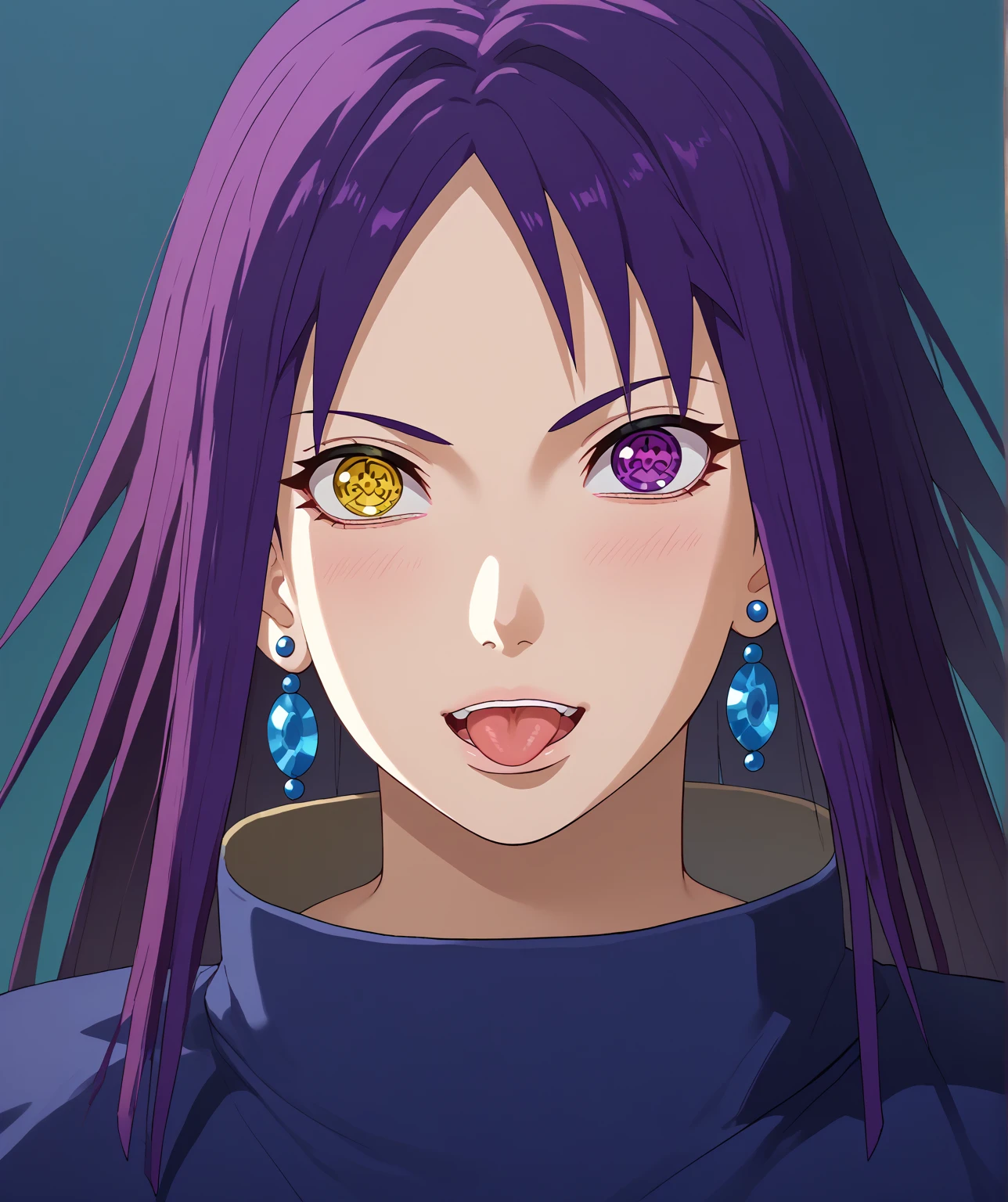 score_9, score_8_up, score_7_up,  1 boy, Alone,  high resolution,  long hair,  Looking at the viewer, piercing,  violet eyes costume,  yellow eyes , heterochromia, Earrings, earrings hanakuna ,  Tongue out,  masterpiece,  Precise,  anatomically correct manicured lawn , Earrings de aro,  Symbol-shaped pupils (sharingan), heterochromia, Vistas múltiples, ninja, Shinobi