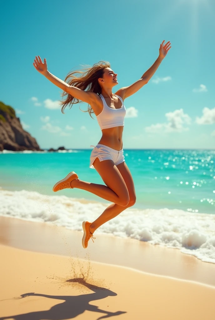 Ass, gyaru, (shiny oiled skin:1.2), jumping at beach, Sunshine, Beautiful water surface, sony a7, film gain, Cinematic lighting, Photorealistic, one-point perspective, 32K, diffuse reflection, colorful shiny particles, Lens Flare, Soft lighting