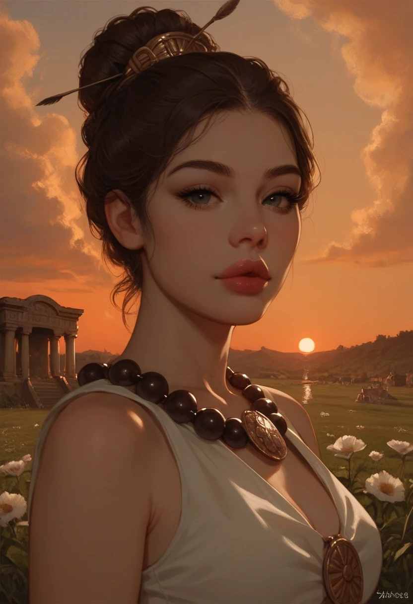 score_9, score_8_up, score_7_up, Western Comics, Portrait, girl, cute, seductive, innocent, light smile:0.3, plump lips, slender body, wearing stone age clothing made from natural fabrics like linen, cotton, furs, adorned with feathers, beads and shells, sunset, ancient greek background, depth of field, dynamic angle, fashion photography, sharp, hyperdetailed:1.15