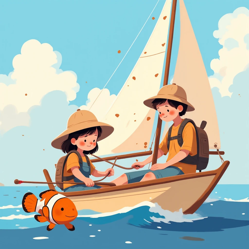 Flat detail of a friendly and smiling clownfish ,  people and ren dressed in fishing clothes see the fish, The sailboat is cream-colored ,  with a red stripe on the top of the bow, Sunny day, calm sea, alta definición
