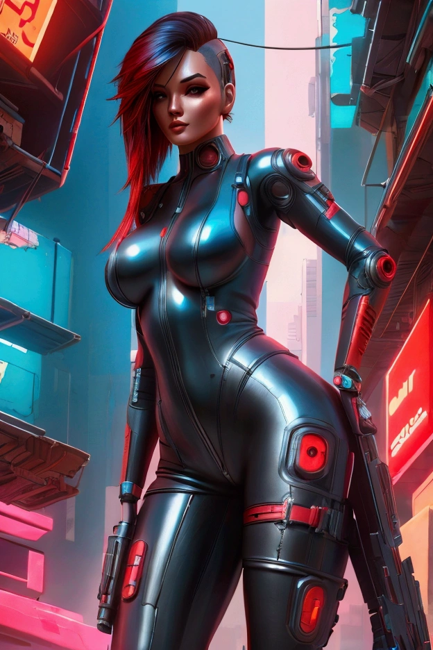 Cyberpunk, technology parts, body suit, black and red, long hair, beautiful,  curvaceous 1 girl