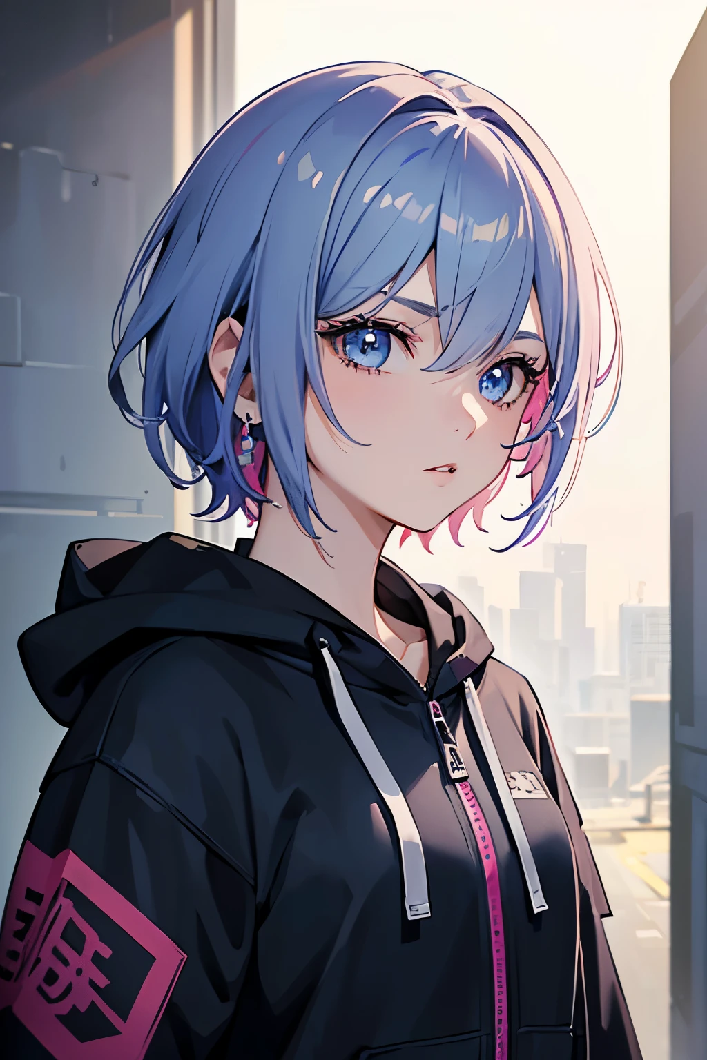 masterpiece, best quality, 1girl, blue hair with pink highlights, short hair, hime cut, blue eyes, techwear hoodie, close up, upper body, mugshot, mature, detailed eyes, detailed facial features, realistic and high resolution (best quality, 4k, 8k, highres, masterpiece:1.2)