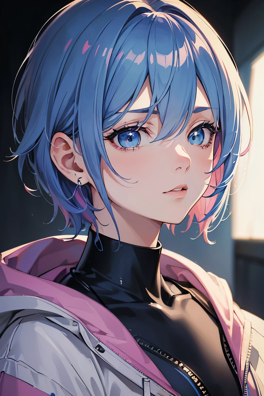 masterpiece, best quality, 1girl, blue hair with pink highlights, short hair, hime cut, blue eyes, techwear hoodie, close up, upper body, mugshot, mature, detailed eyes, detailed facial features, realistic and high resolution (best quality, 4k, 8k, highres, masterpiece:1.2)