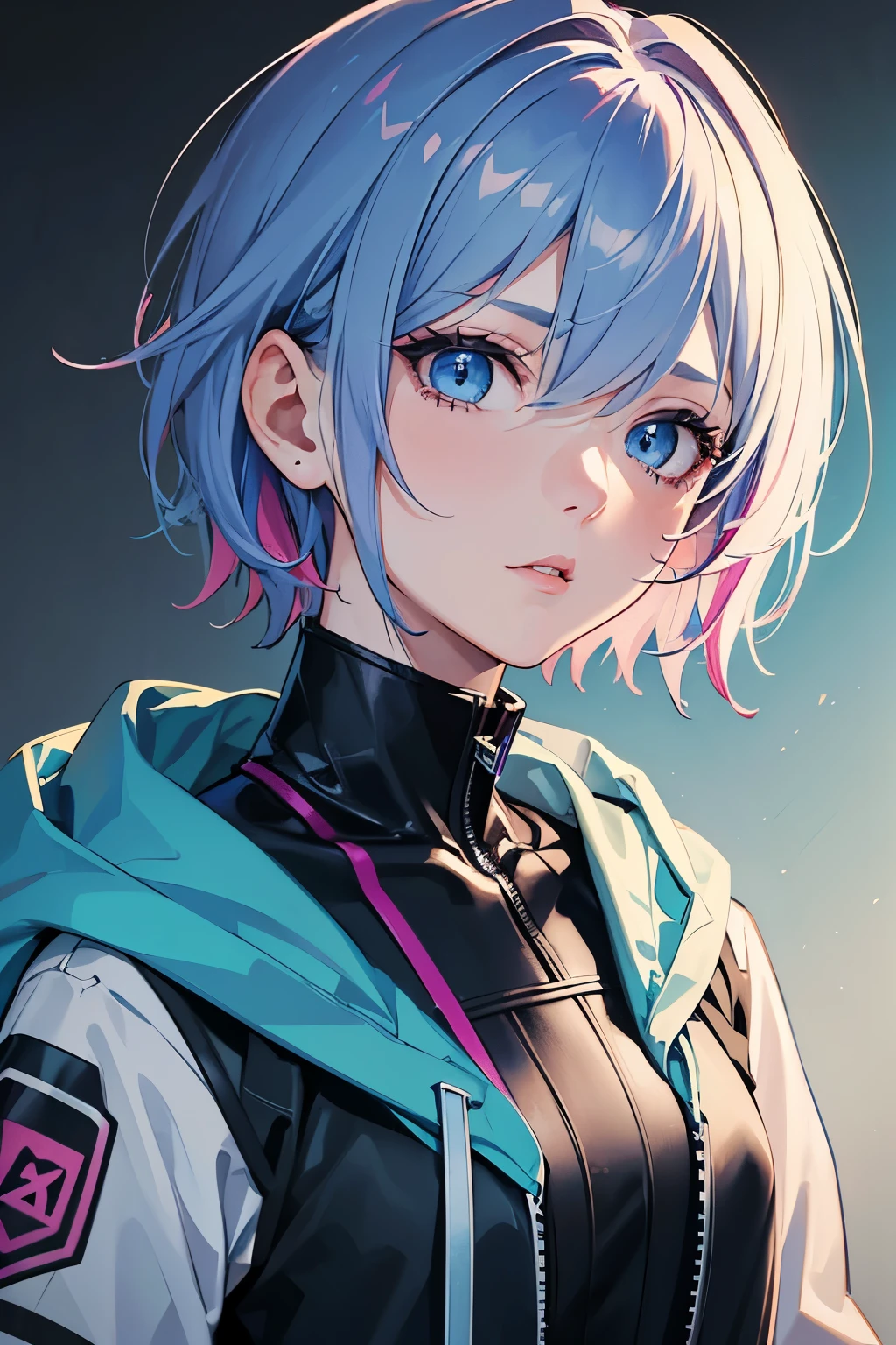 masterpiece, best quality, 1girl, blue hair with pink highlights, short hair, hime cut, blue eyes, techwear hoodie, close up, upper body, mugshot, mature, detailed eyes, detailed facial features, realistic and high resolution (best quality, 4k, 8k, highres, masterpiece:1.2)