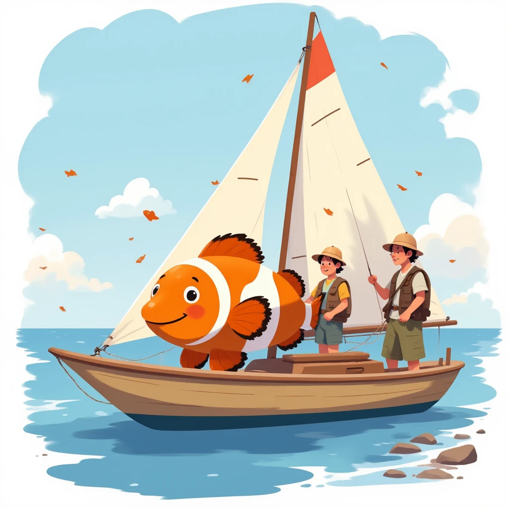 Flat detail of a friendly and smiling clownfish ,  people and ren dressed in fishing clothes see the fish, The sailboat is cream-colored ,  with a red stripe on the top of the bow, Sunny day, calm sea, alta definición
