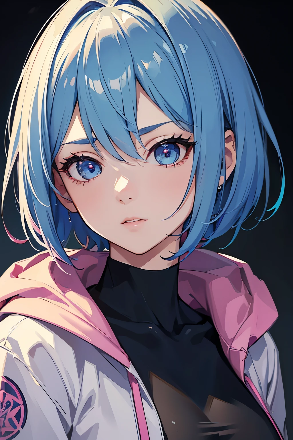 masterpiece, best quality, 1girl, blue hair with pink highlights, short hair, hime cut, blue eyes, techwear hoodie, close up, upper body, mugshot, mature, detailed eyes, detailed facial features, realistic and high resolution (best quality, 4k, 8k, highres, masterpiece:1.2)