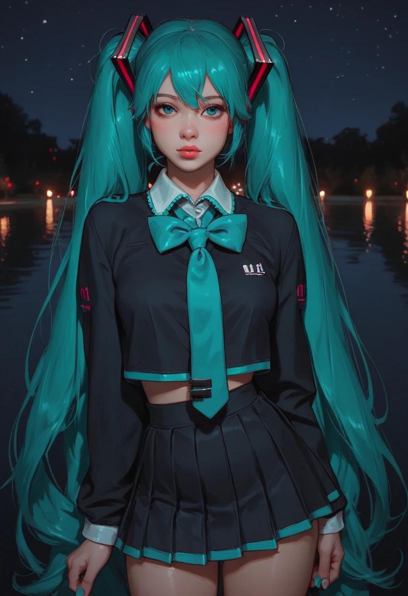 score_9, score_8_up, score_7_up, Western Comics, Cowboy Shot, Hatsune Miku, cute, seductive, innocent, light smile:0.3, plump lips, slender body, very long turquoise pigtails, school uniform like outfit, moonlight passing through hair, night lake background, depth of field, dynamic angle, fashion photography, sharp, hyperdetailed:1.15