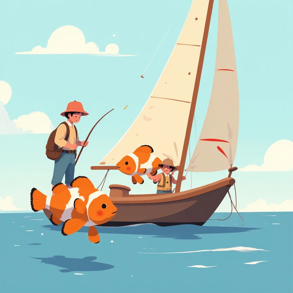 Flat detail of a friendly and smiling clownfish ,  people and ren dressed in fishing clothes see the fish, The sailboat is cream-colored ,  with a red stripe on the top of the bow, Sunny day, calm sea, alta definición
