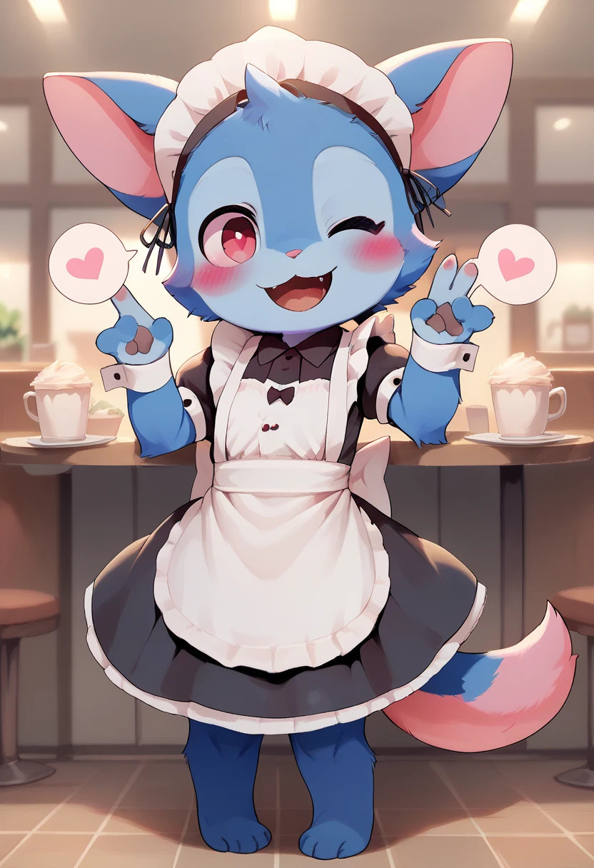 score_9, score_8_up, score_7_up, score_6_up, score_5_up, BREAK Bibit, furry, furry female, solo, looking at viewer, open mouth, sweet smile, red eyes, full body, heart, cafe, detailed background, maid outfit, maid headdress, wink, one eye closed, , pink eyes, no humans, blush stickers, blue fur, heart tail, spoken heart, pink tail
