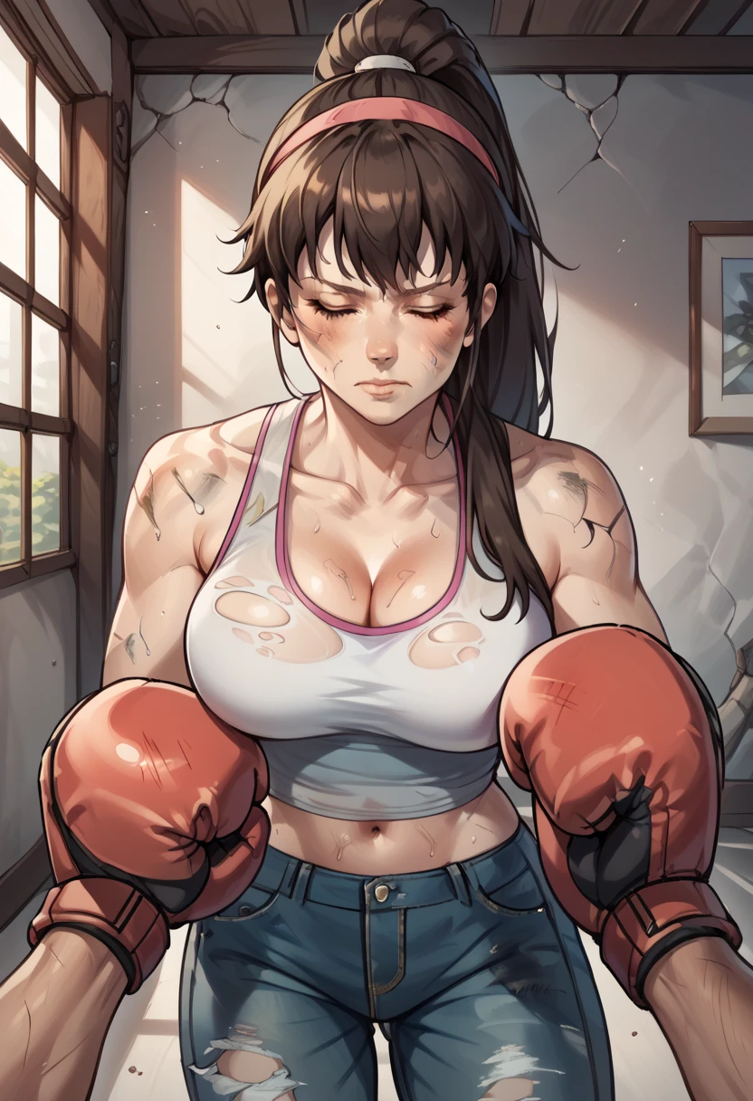 1 girl, HitomiDOA, long dark brown hair in a ponytail, ((medium size breasts)), pink hairband, navel, boxing gloves, torn white tanktop, jeans, indoors, boxing ring,   cleavage showing,  (eyes closed), (mouth slightly open), ((head tilted back)), ((exhausted)), tired, ripped jeans, ((torn clothes)), sweaty, dirty, in pain, arms at her side,  view is from front and above, ((pov breast punch)),