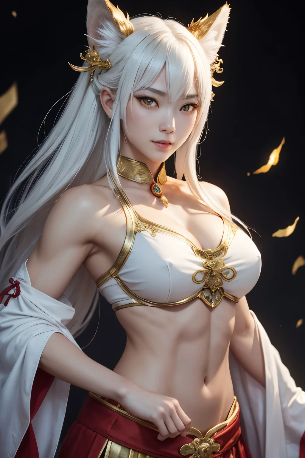 8k, Kickboxing Poses をとる成人イヌガミの女神、  Fearless Female Dog God  、 White Dog Ears , Beautiful long white hair 、Incarnation of the God of Dogs 、Brave、 beautiful smile、 Japanese Red and White Shrine Maiden Costume ,輝く golden eyes、Detailed light、 dynamic angle 、 Anthropomorphic Queen of Dogs 、  Super Beauty 、 wallpaper, attention to detail、Rich background、 golden eyes、Angered expression, golden eyes, beautiful expression , Sharp Long Nails 、White Tail、 sexy、 Red Sacred Magatama Collar 、( Gold Precise Decoration ) charming body、 Slim Female Muscular Body 、Captivate the audience、 Wolf Fangs Coming Out of Her Mouth 、Vermilion-painted shrine,Opened my chest wide, Beautiful White Skin , Japanese Shrine, Best Quality Photorealistic RAW Photos 。Backlight、 movie lighting、 film grain、50mm lens、 Nikon D850 、Ultra-Realistic Skin、 Fantasy Art 、  character art、 super high res、 Muscular and Slender Body 、Ultra-Realistic Skin,perfect hand(Anatomical Modeling),compensate, very big breasts,Muscular Beauty,Stiff, Strongly Cracked Abs , Kickboxing Poses ,