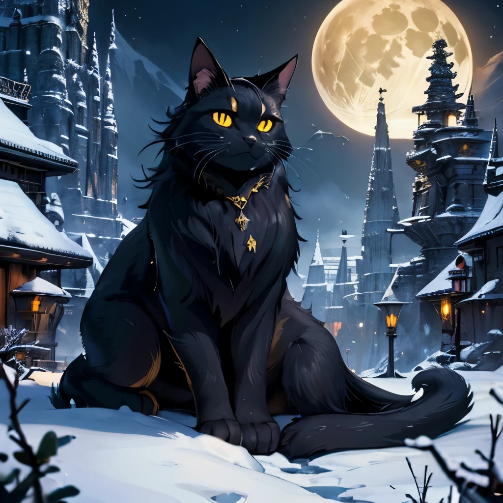 ( masterpiece:1.2 ), (  super detailed), 8k, 16k,  wallpaper, ( fantasy:2.0),  graphic novel  ,  gigantic black cat, yellow glowing eyes, baring fangs (yule cat), snowy forest, vallage, after dark, full moon