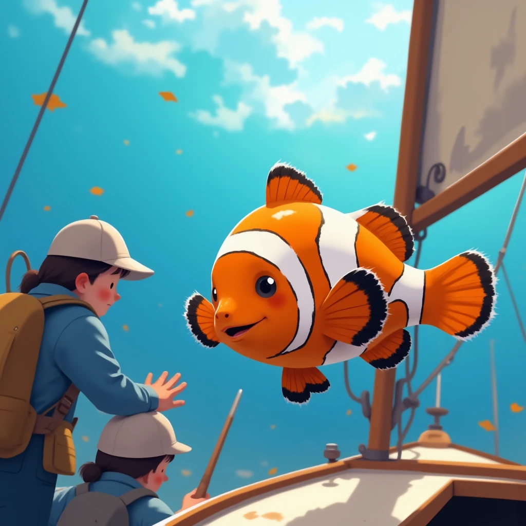 General shot of a friendly and smiling clownfish,  people and ren dressed in fishing clothes see the fish, The sailboat is cream-colored ,  with a red stripe on the top of the bow, Sunny day, calm sea, alta definición
