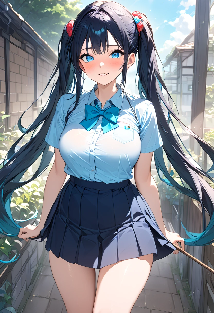 masterpiece, very detailed、Outdoor、 Hatsune Miku 、 very long hair、 dark blue skirt 、Growing Modest Breasts 、I'm wearing a short-sleeved school uniform shirt 、 twin tails、 wearing knee-high socks 、最 High Quality ,  High Quality , 16k,  Incredibly Absurd ,  very detailedな, Delicate and dynamic,  create amazing image effects,  wet,  between,, receive、 Embarrassing 、、close ~ eye、saliva、Stick your butt out while standing、 One Man、back、Penis、後ろから男のPenisを Hatsune Miku に挿入