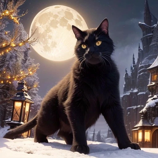 ( masterpiece:1.2 ), (  super detailed), 8k, 16k,  wallpaper, ( fantasy:2.0),  graphic novel  ,  gigantic black cat, yellow glowing eyes, baring fangs (yule cat), snowy forest, vallage, after dark, full moon