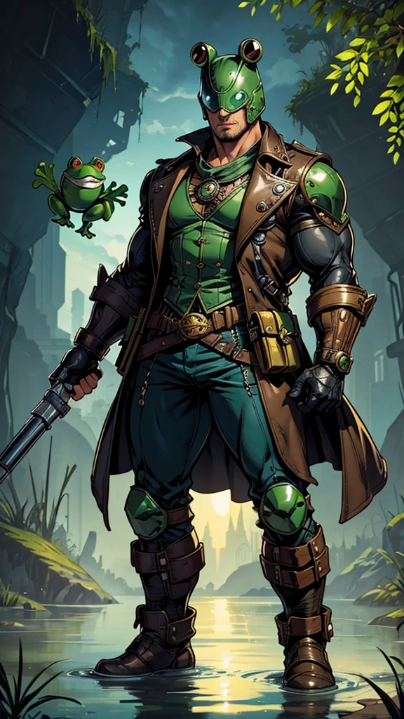 Create a man wearing a modern, steampunk costume identical to a frog, with a helmet like a frog's head, strong and muscular, full body, in a swamp, Marvel comics and DC Comics hero style.