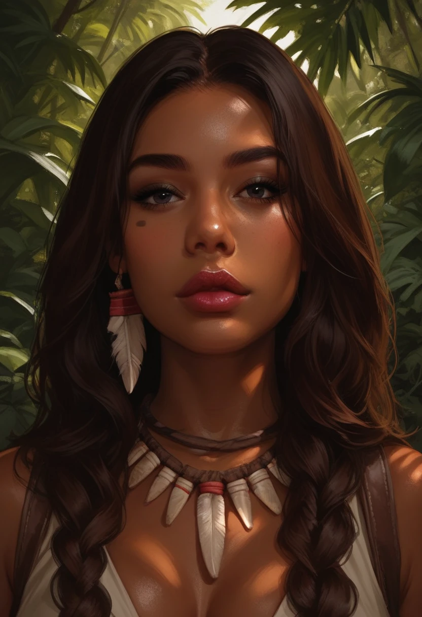 score_9, score_8_up, score_7_up, Western Comics, Portrait, caramel skinned tribal girl, cute, seductive, innocent, light smile:0.3, plump lips, slender body, deep shadow, dark theme, 40mm Western Comics, Portrait, tribal necklace, tribal ornaments, forlorn, professional photo, National Geographic, jungle background, depth of field, dynamic angle, fashion photography, sharp, hyperdetailed:1.15