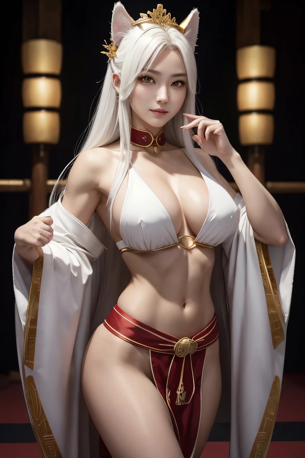 8k, Kickboxing Poses をとる成人イヌガミの女神、  Fearless Female Dog God  、 White Dog Ears , Beautiful long white hair 、Incarnation of the God of Dogs 、Brave、 beautiful smile、 Japanese Red and White Shrine Maiden Costume ,輝く golden eyes、Detailed light、 dynamic angle 、 Anthropomorphic Queen of Dogs 、  Super Beauty 、 wallpaper, attention to detail、Rich background、 golden eyes、Angered expression, golden eyes, beautiful expression , Sharp Long Nails 、White Tail、 sexy、 Red Sacred Magatama Collar 、( Gold Precise Decoration ) charming body、 Slim Female Muscular Body 、Captivate the audience、 Wolf Fangs Coming Out of Her Mouth 、Vermilion-painted shrine,Opened my chest wide, Beautiful White Skin , Japanese Shrine, Top Quality Photorealistic RAW Photos 。Backlight、 movie lighting、 film grain、50mm lens、 Nikon D850 、Ultra-Realistic Skin、 Fantasy Art 、  character art、 super high res、 Muscular and Slender Body 、Ultra-Realistic Skin,perfect hand(Anatomical Modeling),compensate, very big breasts,Muscular Beauty,Stiff, Strongly Cracked Abs , Kickboxing Poses ,