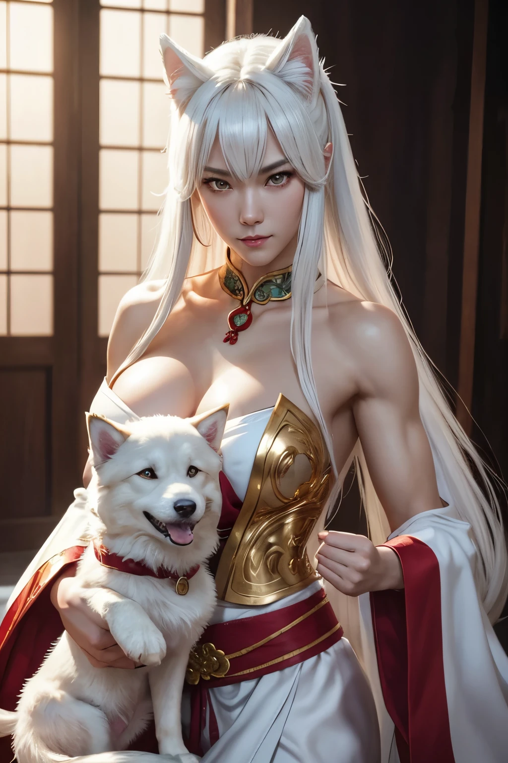 8k, Kickboxing Poses をとる成人イヌガミの女神、  Fearless Female Dog God  、 White Dog Ears , Beautiful long white hair 、Incarnation of the God of Dogs 、Brave、 beautiful smile、 Japanese Red and White Shrine Maiden Costume ,輝く golden eyes、Detailed light、 dynamic angle 、 Anthropomorphic Queen of Dogs 、  Super Beauty 、 wallpaper, attention to detail、Rich background、 golden eyes、Angered expression, golden eyes, beautiful expression , Sharp Long Nails 、White Tail、 sexy、 Red Sacred Magatama Collar 、( Gold Precise Decoration ) charming body、 Slim Female Muscular Body 、Captivate the audience、 Wolf Fangs Coming Out of Her Mouth 、Vermilion-painted shrine,Opened my chest wide, Beautiful White Skin , Japanese Shrine, Top Quality Photorealistic RAW Photos 。Backlight、 movie lighting、 film grain、50mm lens、 Nikon D850 、Ultra-Realistic Skin、 Fantasy Art 、  character art、 super high res、 Muscular and Slender Body 、Ultra-Realistic Skin,perfect hand(Anatomical Modeling),compensate, very big breasts,Muscular Beauty,Stiff, Strongly Cracked Abs , Kickboxing Poses ,