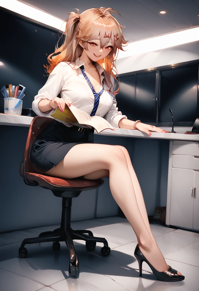  top quality ,masterpiece,  super detailed  ,  super high res , Female 1 person , office, business suit, high heels,Seduce,smile,(name:Kasukabe Tsumugi),