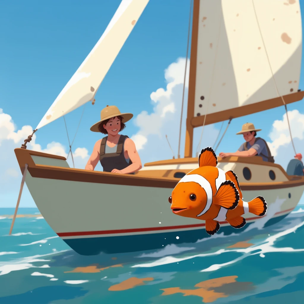 Detail shot of a friendly clownfish,  people and ren dressed in fishing clothes see the fish, The sailboat is cream-colored ,  with a red stripe on the top of the bow, Sunny day, calm sea, alta definición
