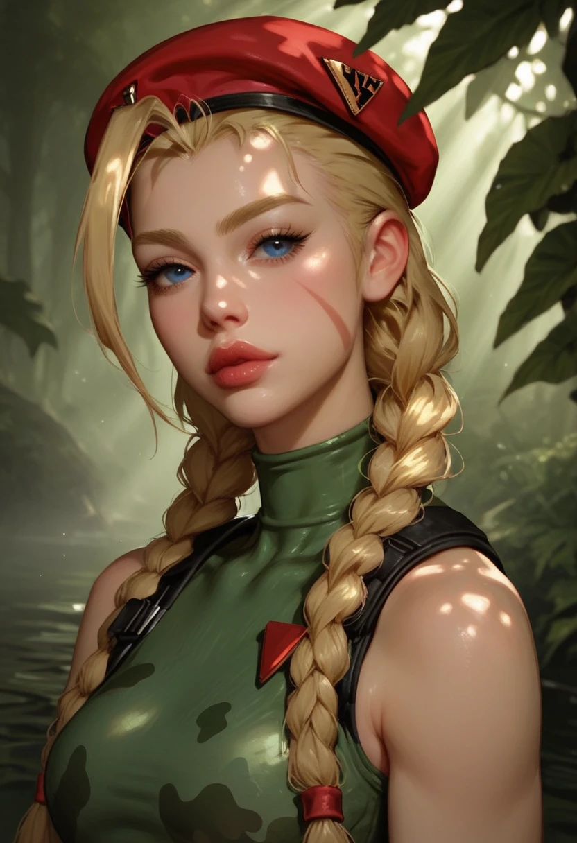 score_9, score_8_up, score_7_up, Western Comics, Portrait, Cammy White, cute, seductive, innocent, light smile:0.3, plump lips, slender body, blonde hair, twin braids, red beret, blue eyes, green leotard, sleeveless, camouflage, rays of sunshine through fog, swampy forest background, depth of field, dynamic angle, fashion photography, sharp, hyperdetailed:1.15