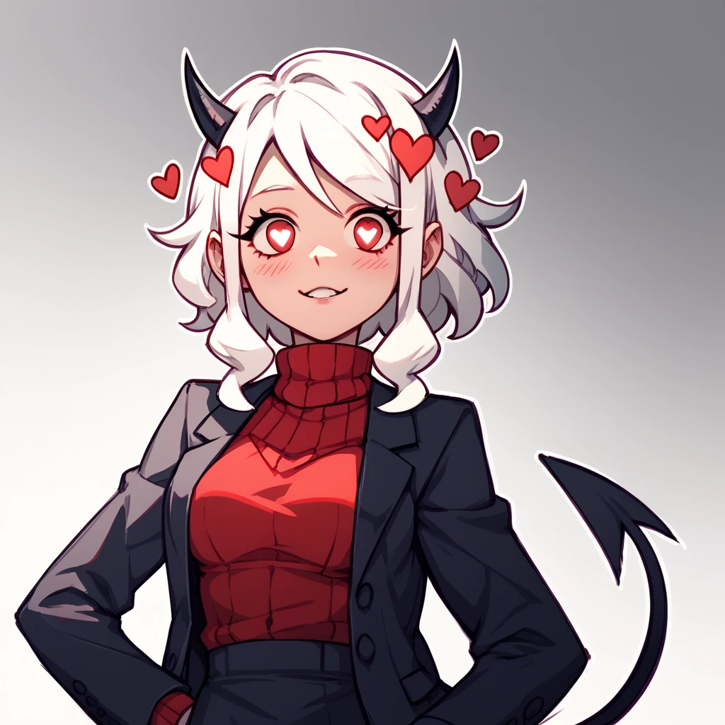 htmodeus, girl, solo, white hair, black horns, demon horns, heart-shaped pupils, demon tail, formal, black suit, black jacket, long sleeves, red sweater, turtleneck sweater, sleeves past wrists, black skirt, red pantyhose, sketch