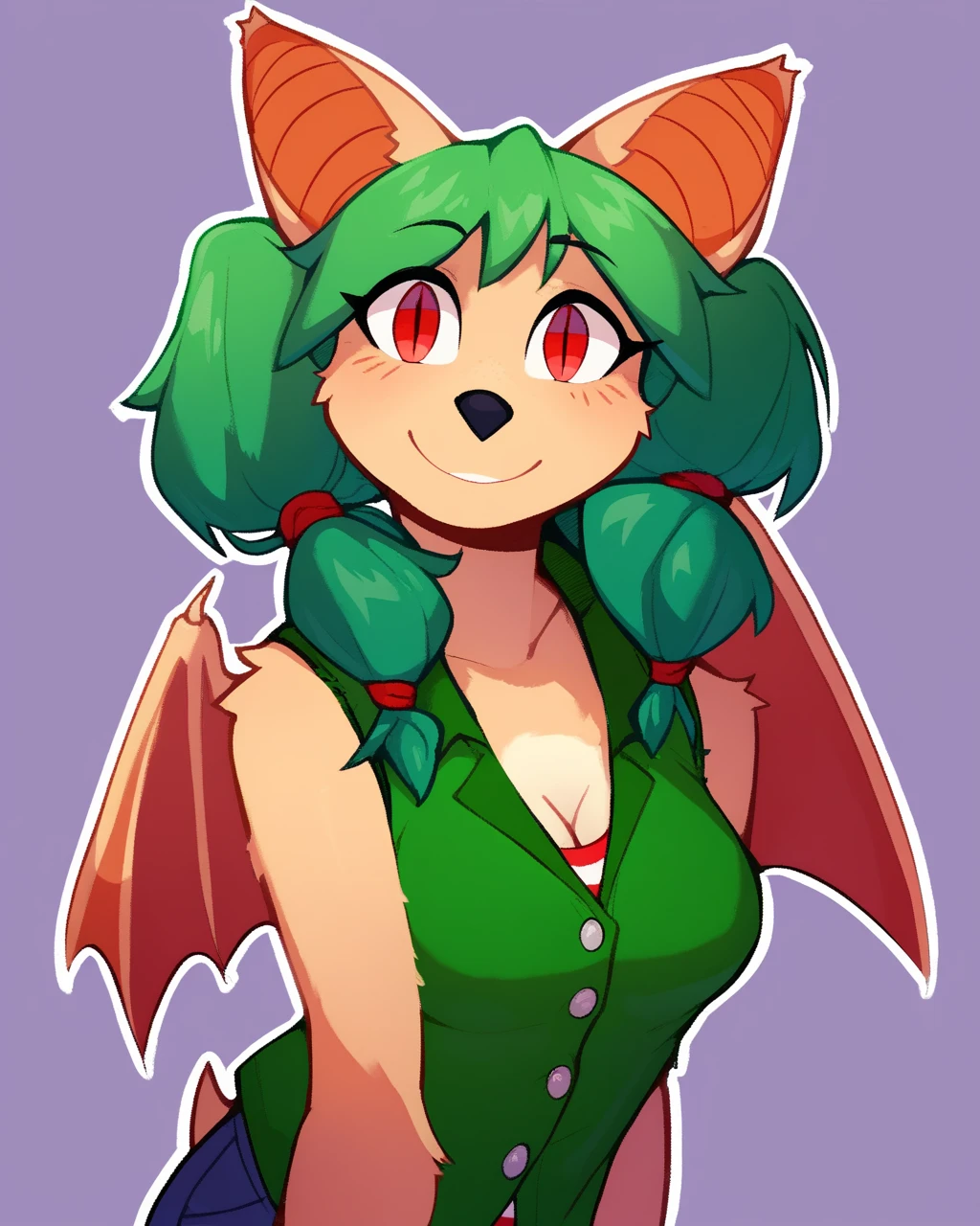 score_9_up, score_8_up, score_7_up, score_6_up, by remanedur,  half-length portrait, pigtails, green hair, tan fur, black nose, medium breasts, furry female, female, furry, bat ears, red eyes, looking at viewer, solo, smile, happy, three-quarter view, head tilt, green vest, open vest,  striped sweater, bat wings, shorts, simple background, white outline,  