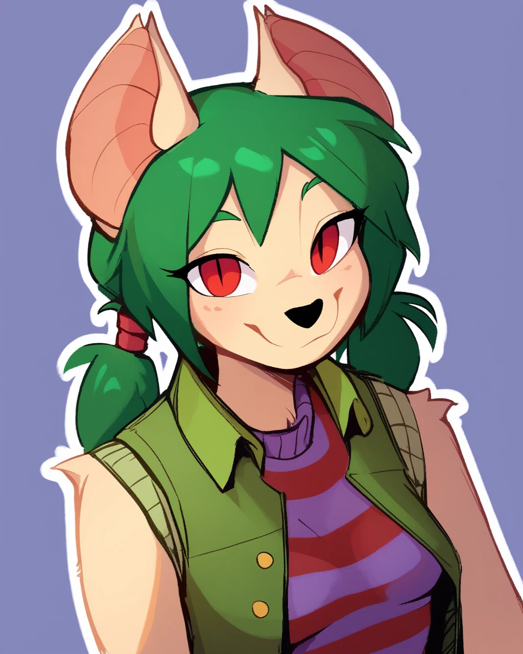 score_9_up, score_8_up, score_7_up, score_6_up, by remanedur,  half-length portrait, pigtails, green hair, tan fur, black nose, medium breasts, furry female, female, furry, bat ears, red eyes, looking at viewer, solo, smile, happy, three-quarter view, head tilt, green vest, open vest,  striped sweater, bat wings, shorts, simple background, white outline,  