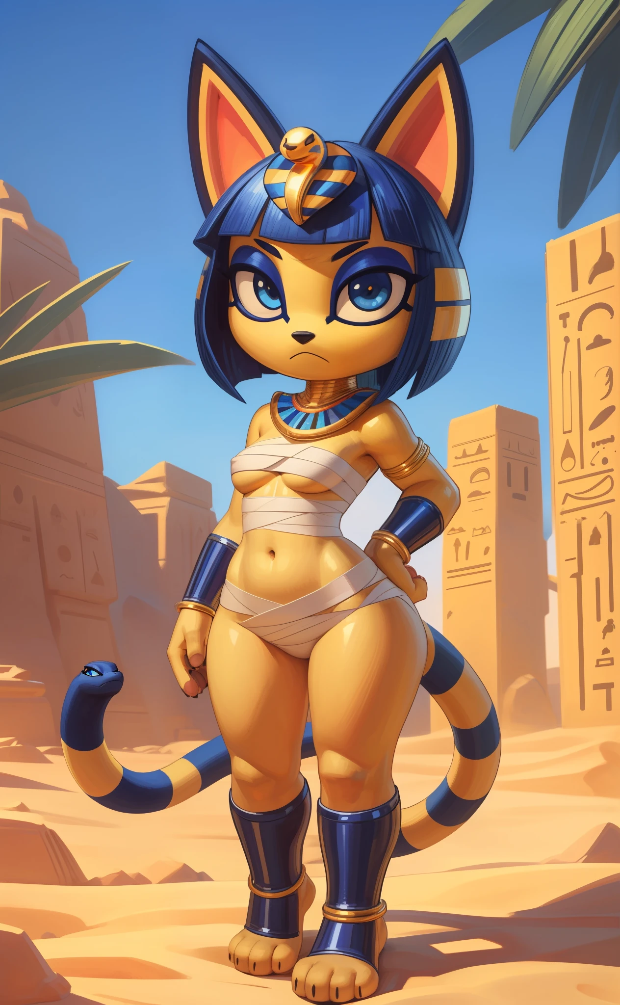 ((ankha)), ((Animal Crossing)), ((pixelsketcher)), ((wamudraws)), ((masterpiece)), ((high resolution)), ((cartoon style)), ((solo portrait)), ((full body)), ((feet visible)), {(slim figure), (toned body), (yellow fur), (black nose), (cute blue eyes), (indigo eyeshadow), (egyptian eye makeup), (cat ears), (long striped tail), (curvy hips), (beautiful legs), (paw feet), (frown)}, {(wrapped in white bandages), (underboob), (navel), (snake ornament headwear), (blue bracers), (gold anklets), (blue stirrup socks)}, {(standing), (looking at viewer)}, ((desert oasis))