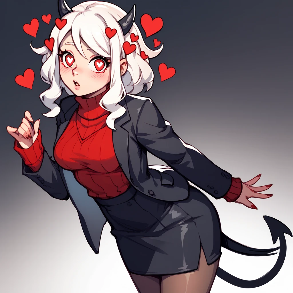 htmodeus, 1girl, solo, white hair, black horns, demon horns, heart-shaped pupils, demon tail, formal, black suit, black jacket, long sleeves, red sweater, turtleneck sweater, sleeves past wrists, black skirt, red pantyhose, sketch